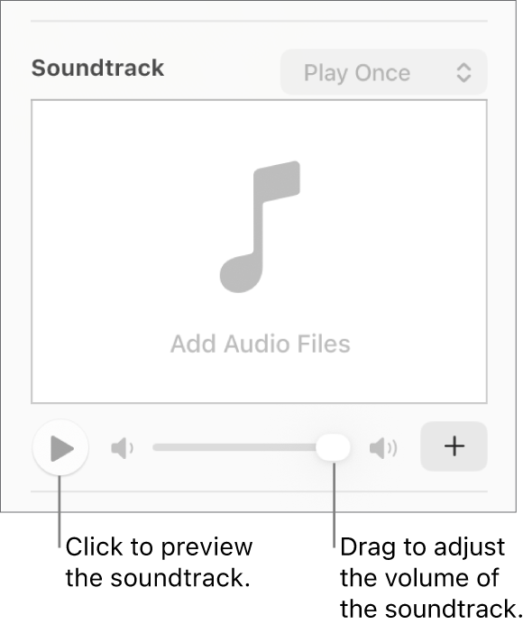 The Soundtrack controls with the Play button and volume slider called out.