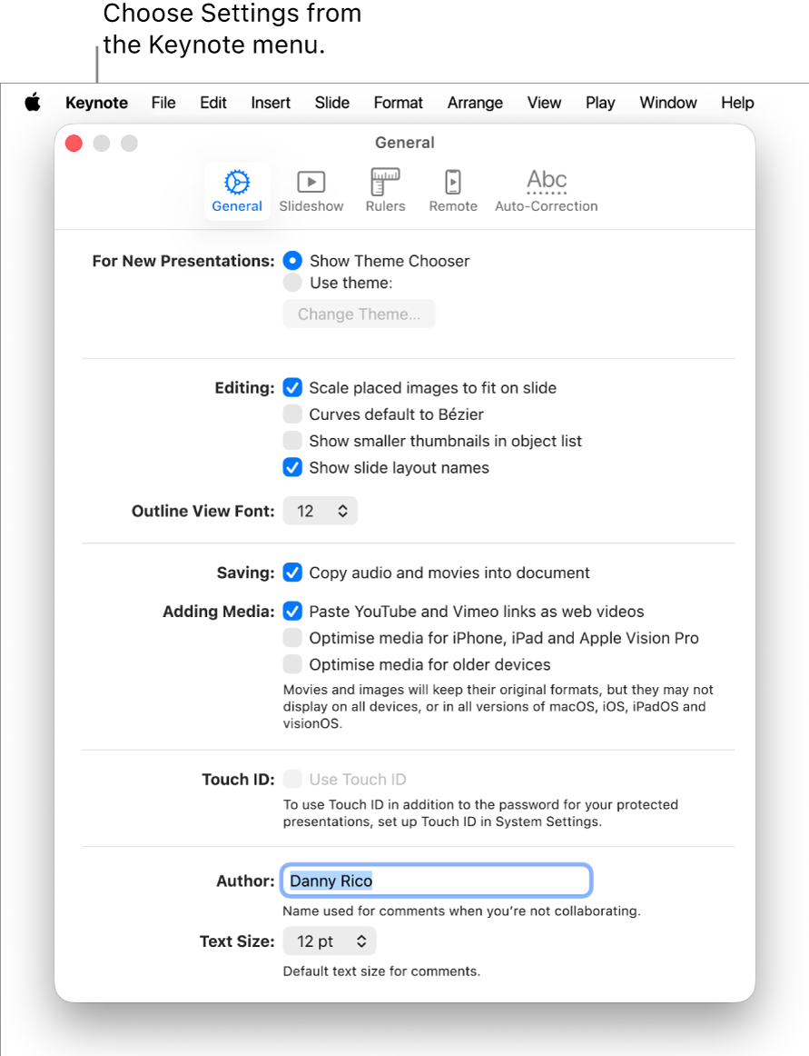 The Keynote settings window open to the General pane.
