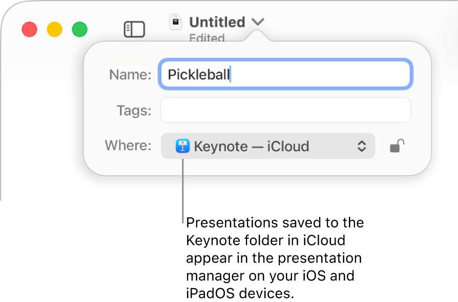 The Save dialogue for a presentation with Keynote — iCloud in the Where pop-up menu.