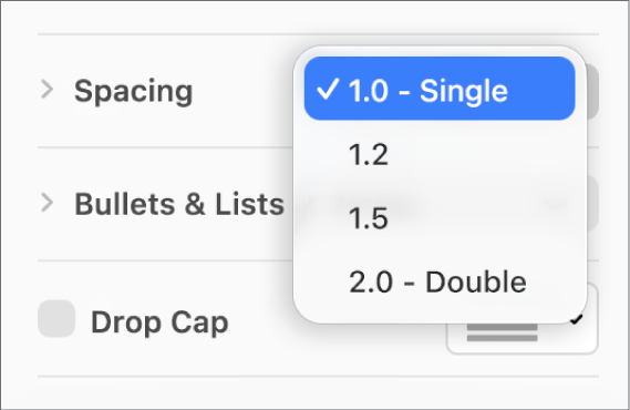 The Spacing pop-up menu with Single, Double and other options.