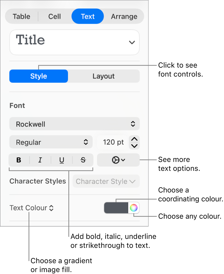 The controls for styling table text.
