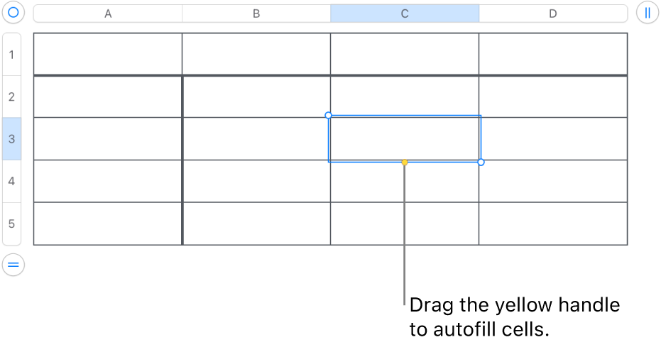 A selected cell with a yellow handle you can drag to autofill cells.