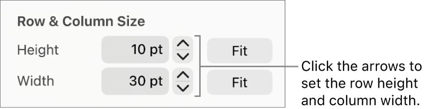 The controls for setting a precise row or column size.