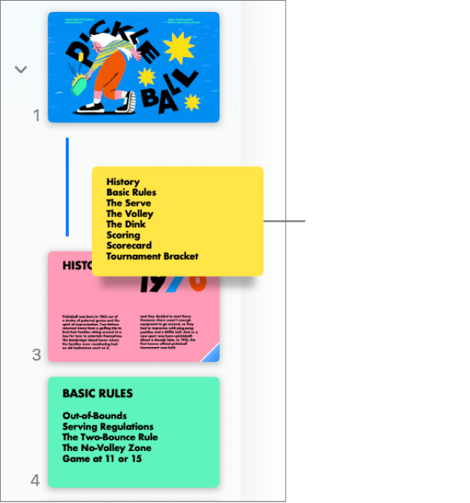 The slide navigator showing a reordered slide thumbnail with a line on the left.