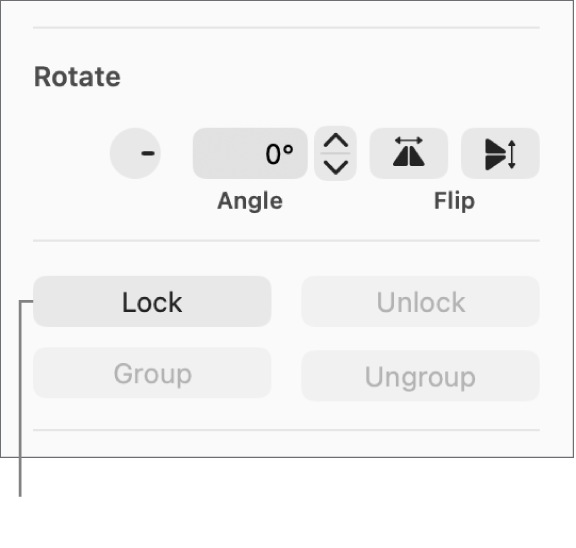The Rotate, Lock, and Group object controls with the Lock button called out.