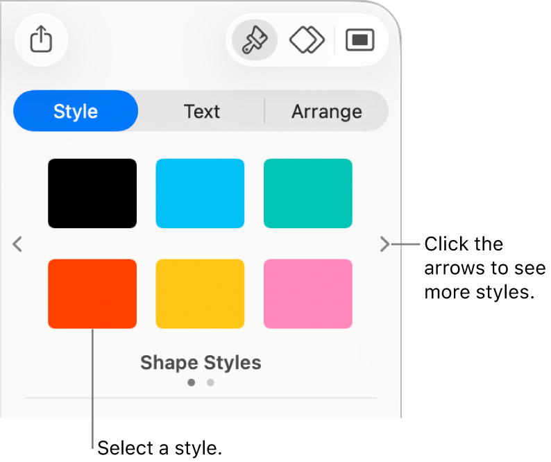 The Style tab of the Format sidebar with six object styles and navigation arrows on their left and right.