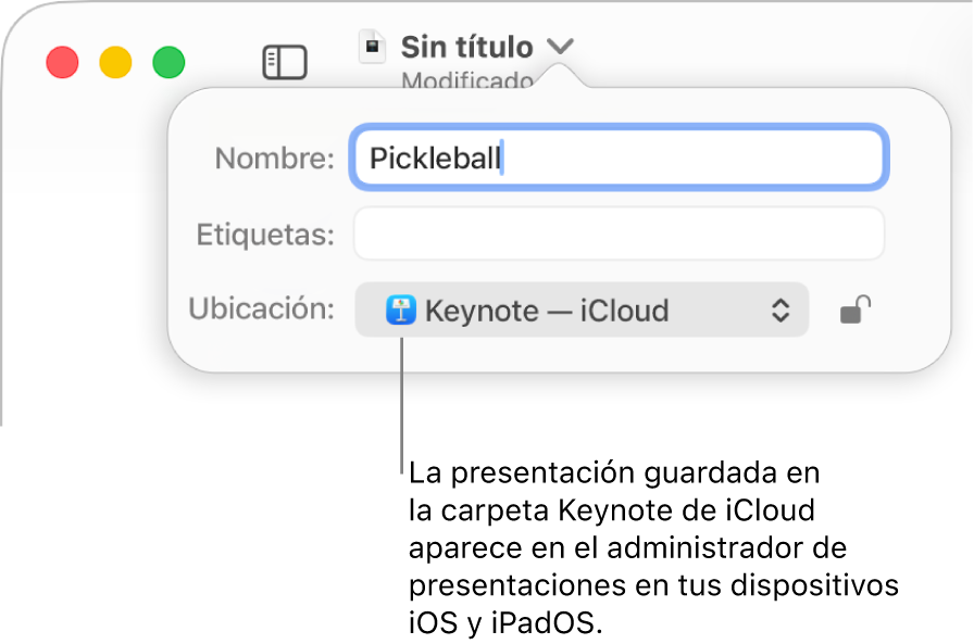 El cuadro de diálogo Guardar de una presentación con Keynote — iCloud se encuentra en el menú desplegable Dónde.