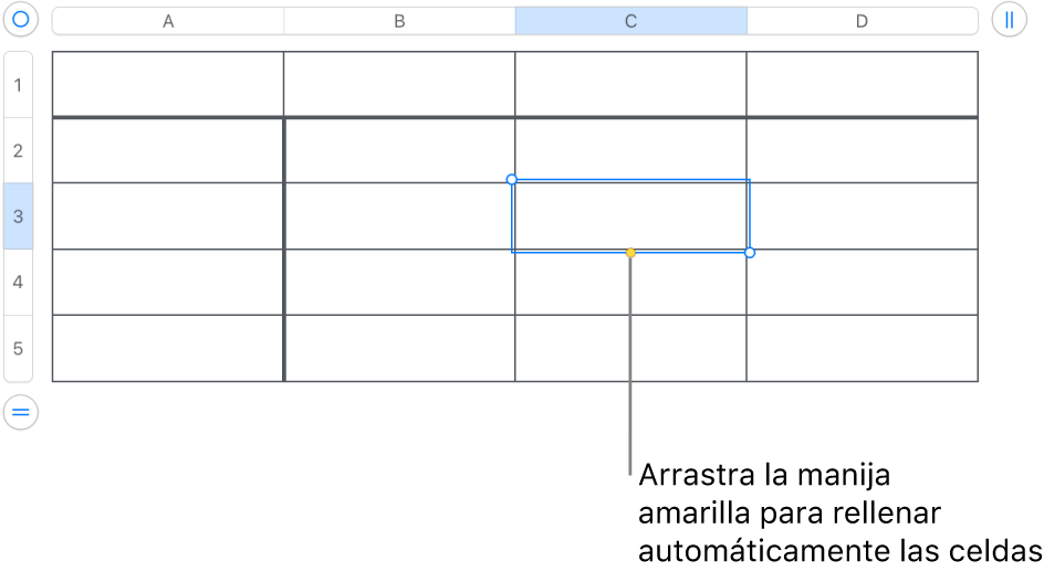 Una celda seleccionada con una manija amarilla que puedes arrastrar para autorrellenar celdas.