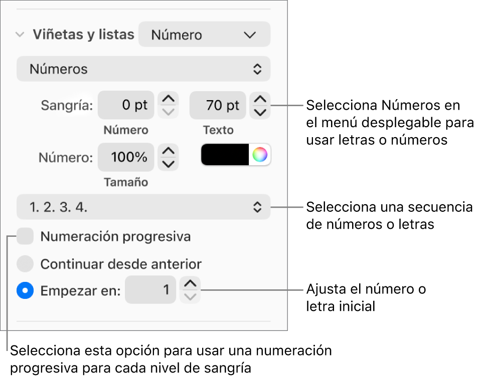 Controles para cambiar el estilo de numeración y el espaciado de una lista.