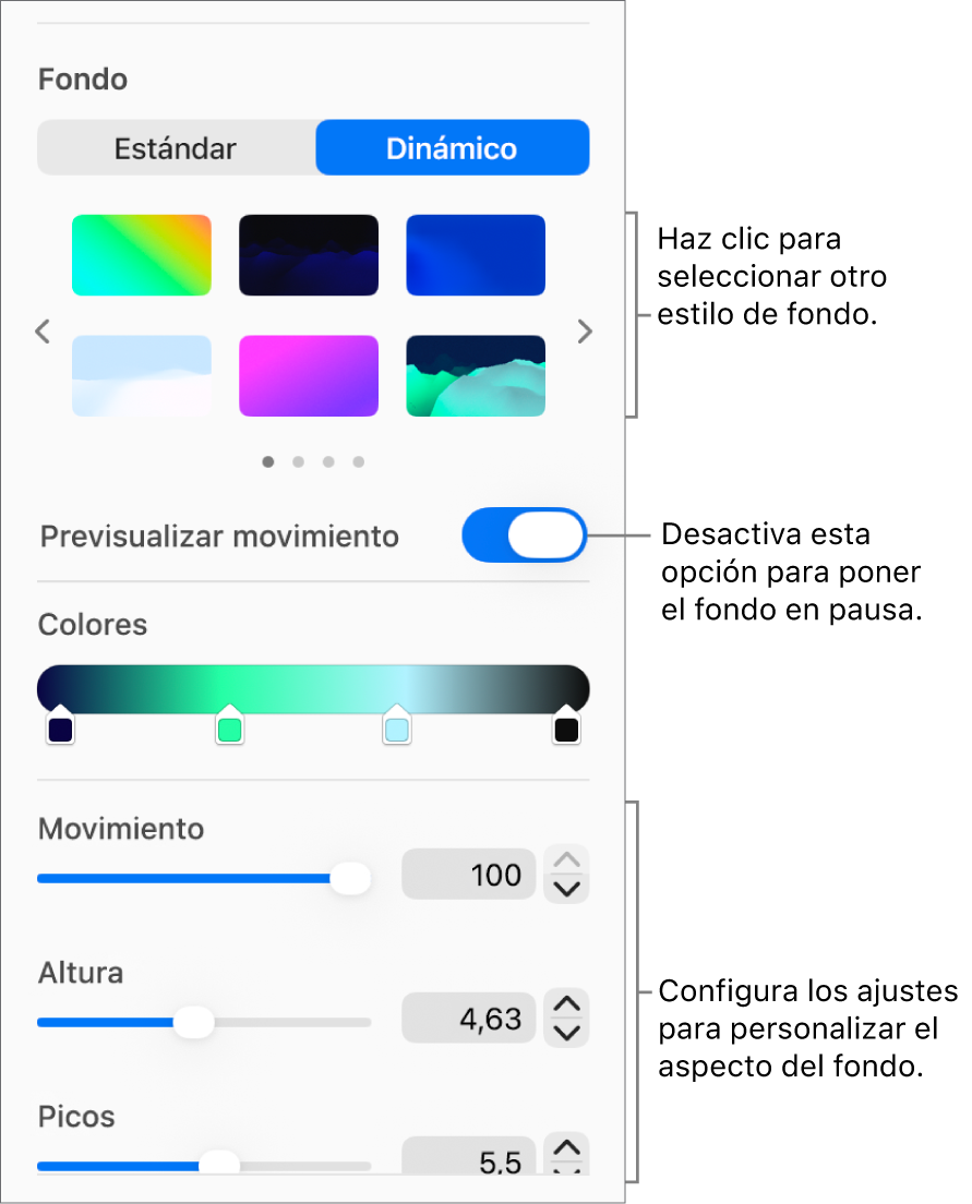 El botón Dinámico seleccionado en la sección Fondo de la barra lateral Formato con los estilos de fondo dinámico, el control de previsualización del movimiento y los controles de aspecto.