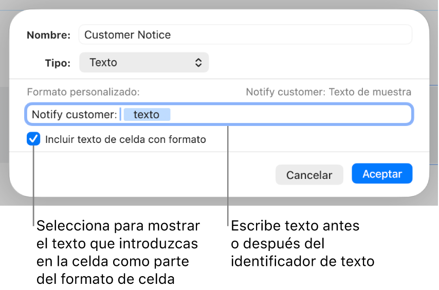 Formato de celda de texto personalizada.
