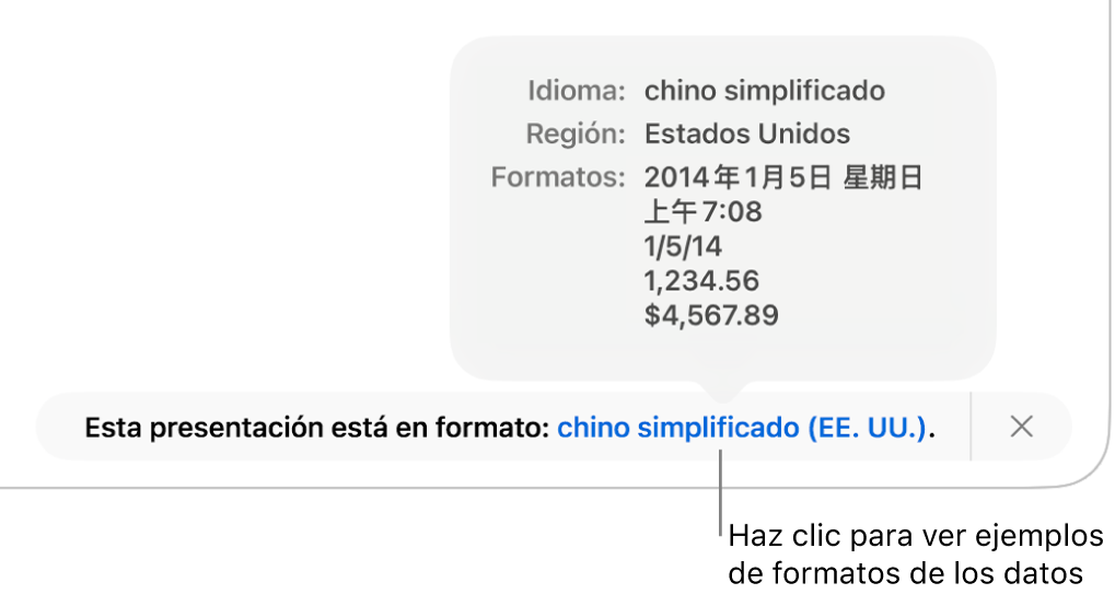 La notificación del ajuste de idioma y formato distinto, con ejemplos del formato en ese idioma y región.