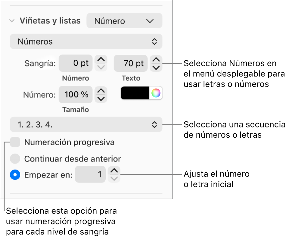 Controles para cambiar el estilo de numeración y el espaciado de una lista.