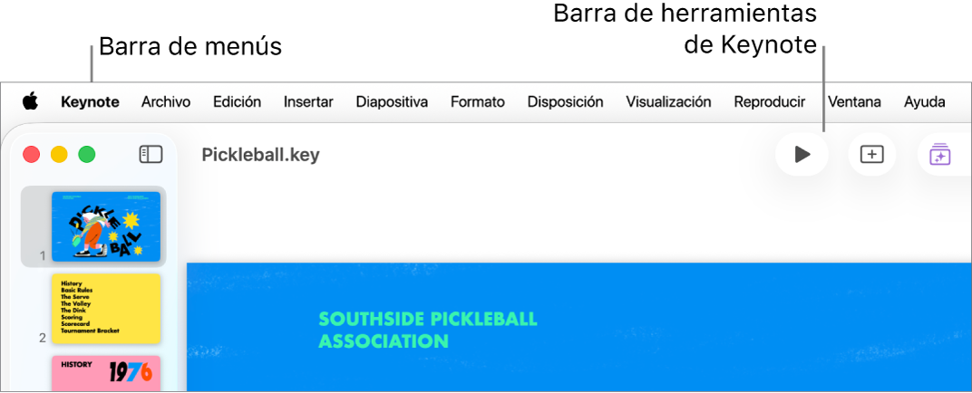 La barra de menús situada en la parte superior de la pantalla con los menús Apple, Keynote, Archivo, Edición, Insertar, Formato, Disposición, Visualización, Reproducir, Compartir, Ventana y Ayuda. Debajo de la barra de menús hay una presentación de Keynote abierta con los botones de la barra de herramientas.