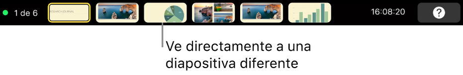 La Touch Bar del MacBook Pro con controles de presentación para salir de la presentación, ir a diapositivas diferentes y cambiar la pantalla del presentador.