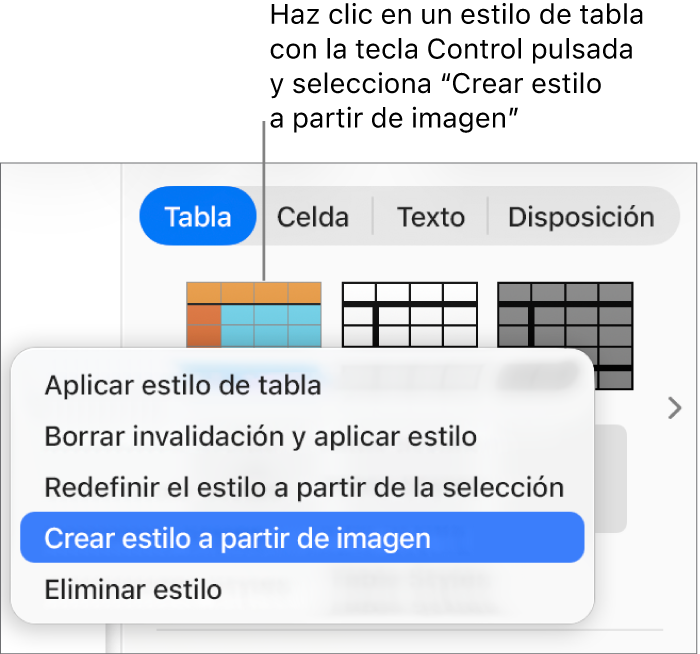 El menú de funciones rápidas de estilo de tabla.