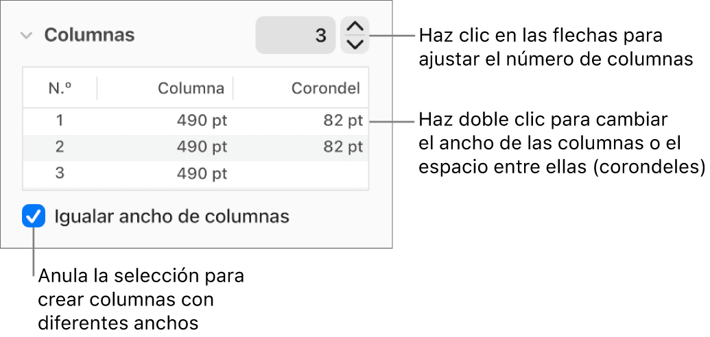 Controles de la sección de columnas para cambiar el número de columnas y la anchura de cada columna.