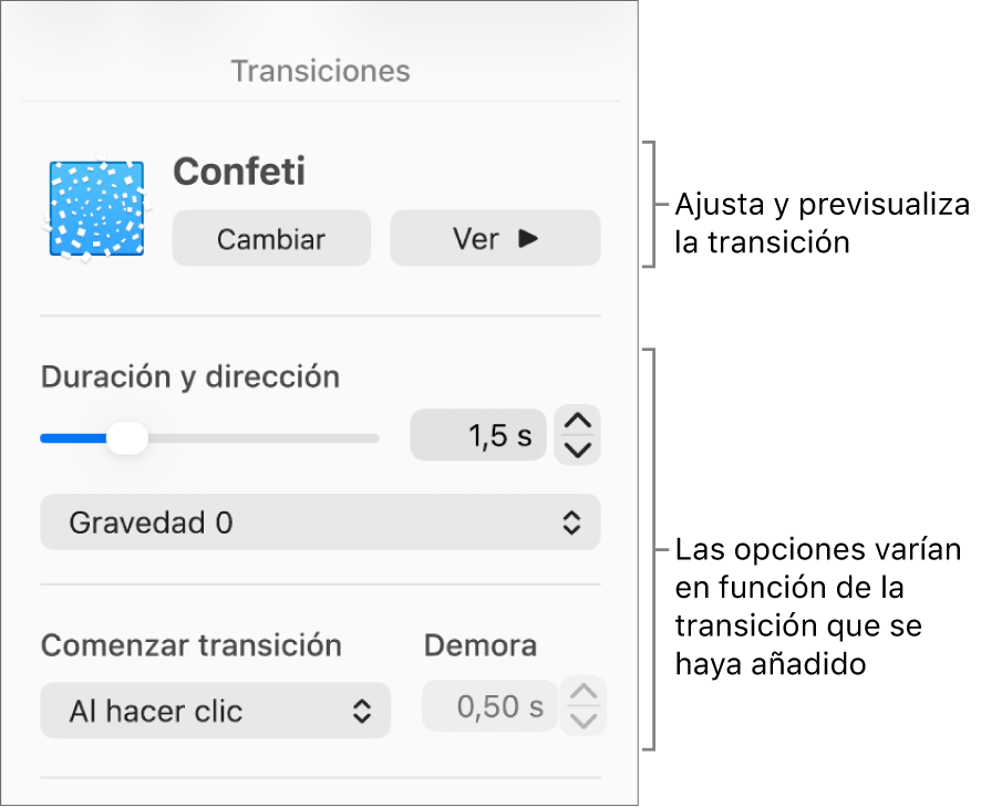 Controles de transiciones en la sección Transiciones de la barra lateral.