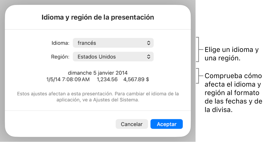 Panel “Idioma y región” con controles para el idioma y la región, y un ejemplo de formato que incluye la fecha, la hora, los decimales y la divisa.