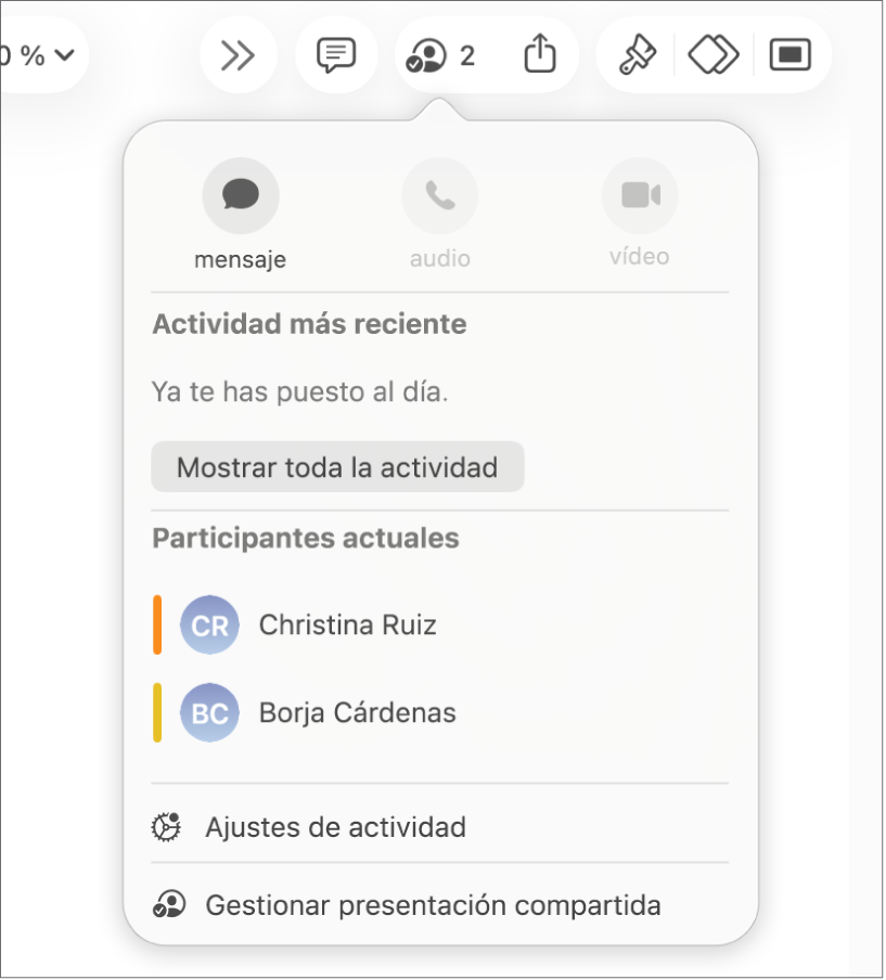 El menú de colaboración con los nombres de las personas que colaboran en la presentación.