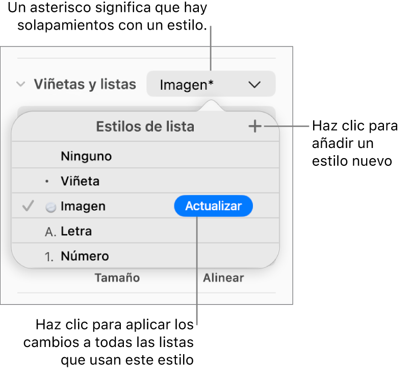 Menú desplegable “Estilos de lista” con un asterisco que indica una modificación, llamadas al botón “Nuevo estilo” y un submenú de opciones para gestionar estilos.
