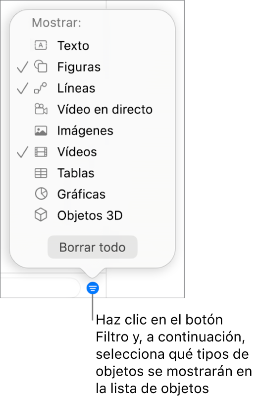 El menú desplegable Filtrar abierto, con una lista de los tipos de objeto que puedes incluir la lista (texto, formas, líneas, imágenes, vídeos, tablas y gráficas).
