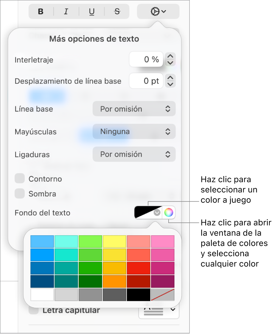 Controles para elegir un color de fondo para el texto.