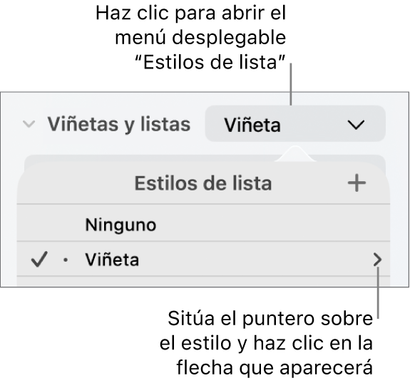 El menú desplegable “Estilos de lista” con un estilo seleccionado y una flecha en el extremo derecho.