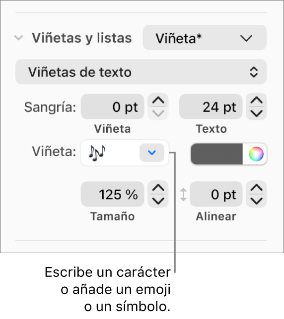 La sección de viñetas y listas de la barra lateral Formato. El campo Viñeta muestra un emoji de una flor.