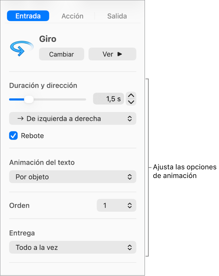 Opciones de Entrada en la sección Animación de la barra lateral.