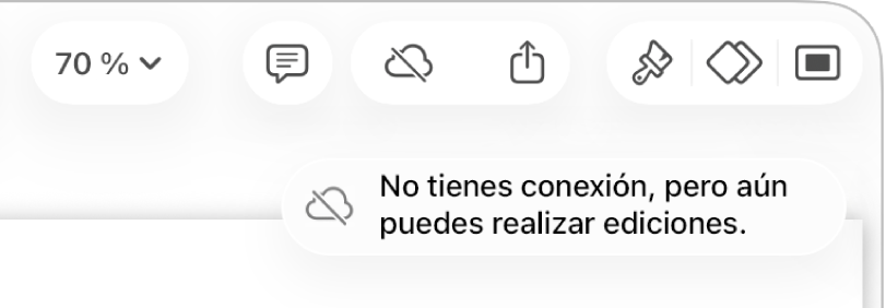Los botones de la parte superior de la pantalla, con el botón Colaboración cambiado a una nube con una línea diagonal que la atraviesa. Un aviso en la pantalla dice “No tienes conexión, pero aún puedes realizar ediciones”.