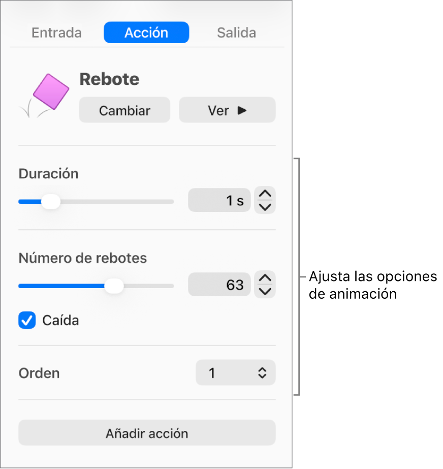 Controles de Acción en la sección Animación de la barra lateral.
