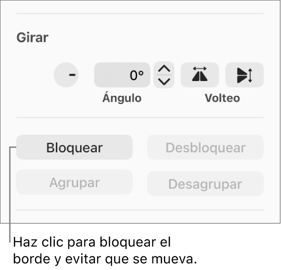 Controles de Girar, Bloquear y “Agrupar objeto” con el botón Bloquear señalado.