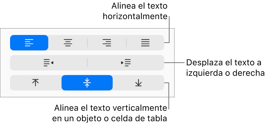 La sección Alineación de la barra lateral con botones para alinear el texto horizontalmente, mover el texto a izquierda o derecha y alinear el texto verticalmente.