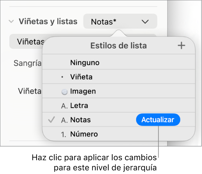 El menú desplegable “Estilos de lista” con el botón Actualizar junto al nombre del nuevo estilo.