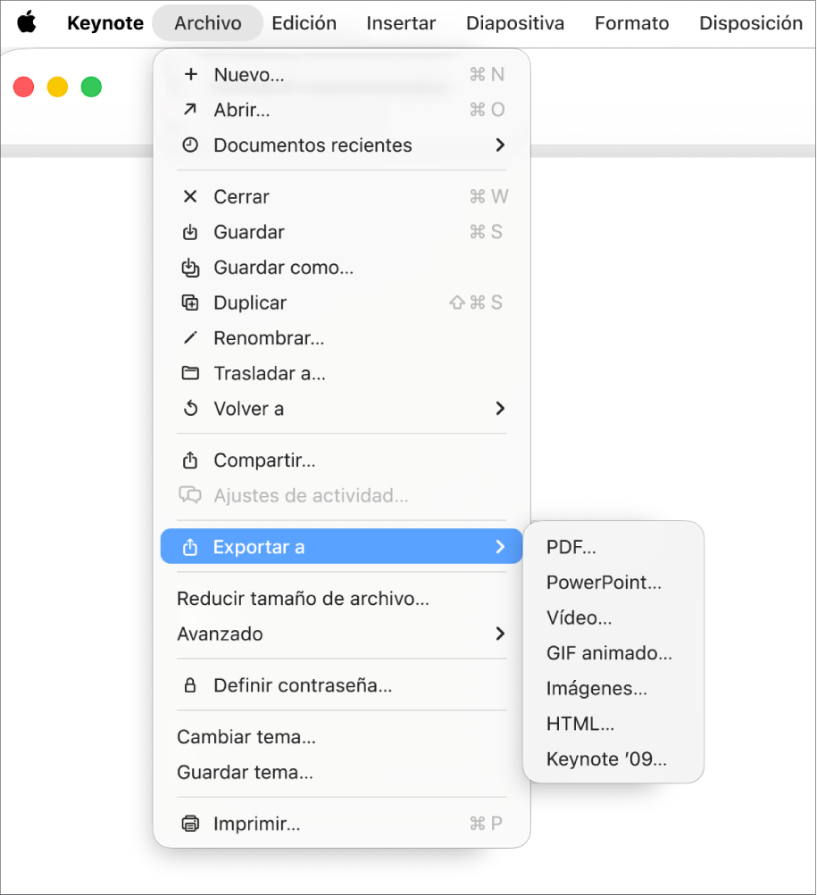 Menú Archivo abierto con la opción “Exportar a” seleccionada y el submenú donde se muestran las opciones de exportación, como PDF, PowerPoint y Movie.