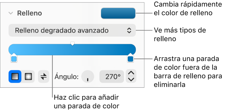 Controles para rellenar objetos con colores.