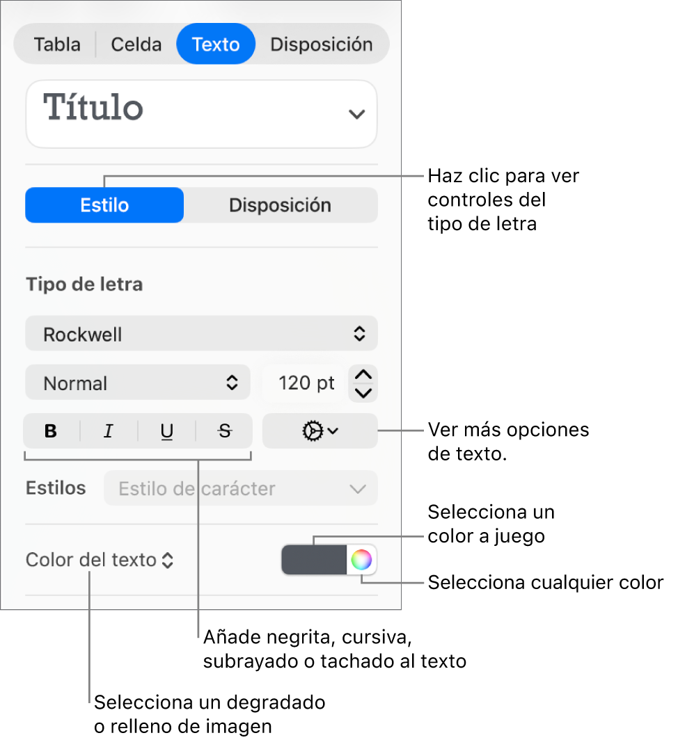 Los controles para aplicar un estilo a texto de la tabla.