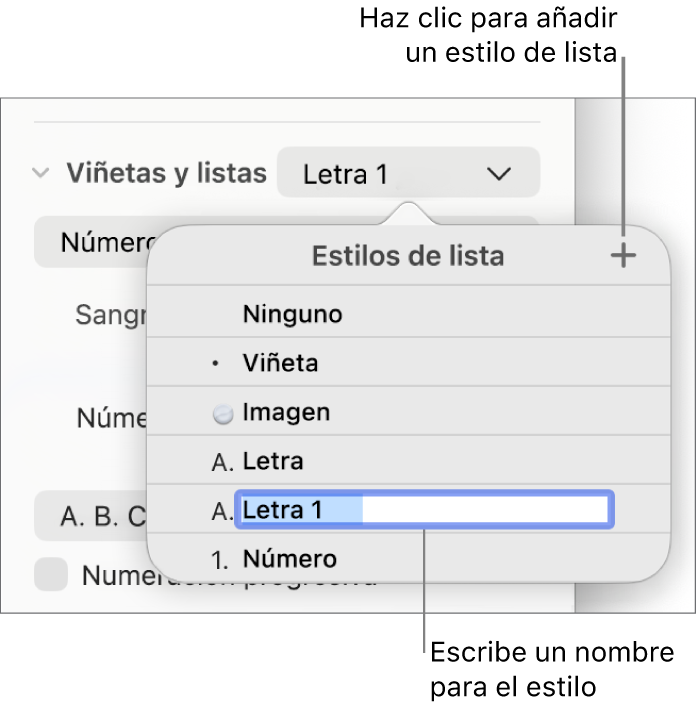 El menú desplegable “Estilos de lista” con el botón Añadir en la esquina superior derecha y un marcador de posición de nombre de estilo con su texto seleccionado.