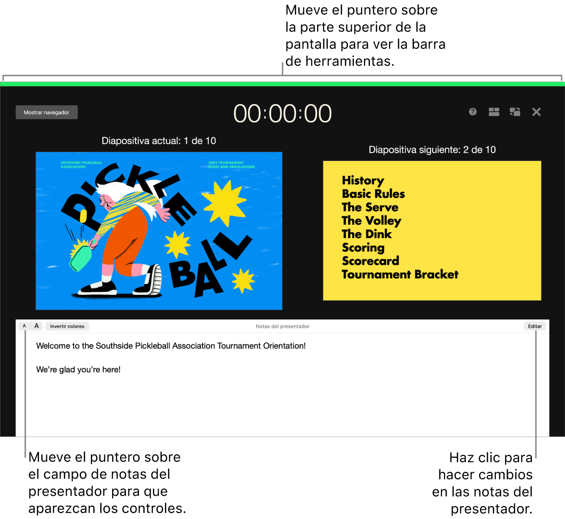 La pantalla del presentador de Keynote con botones para abrir y cerrar el navegador de diapositivas y las opciones de visualización en la parte superior de la pantalla. La diapositiva actual y siguiente están en la mitad de la pantalla y el campo “Notas del presentador”, en la parte inferior.