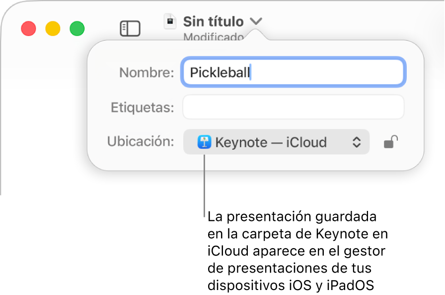 El cuadro de diálogo Guardar de una presentación abierta con “Keynote — iCloud” se encuentra en el menú desplegable Dónde.