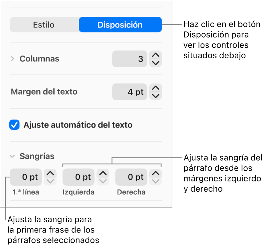 La sección Disposición de la barra lateral Formato con controles para ajustar la sangría de la primera línea y los márgenes de párrafo.