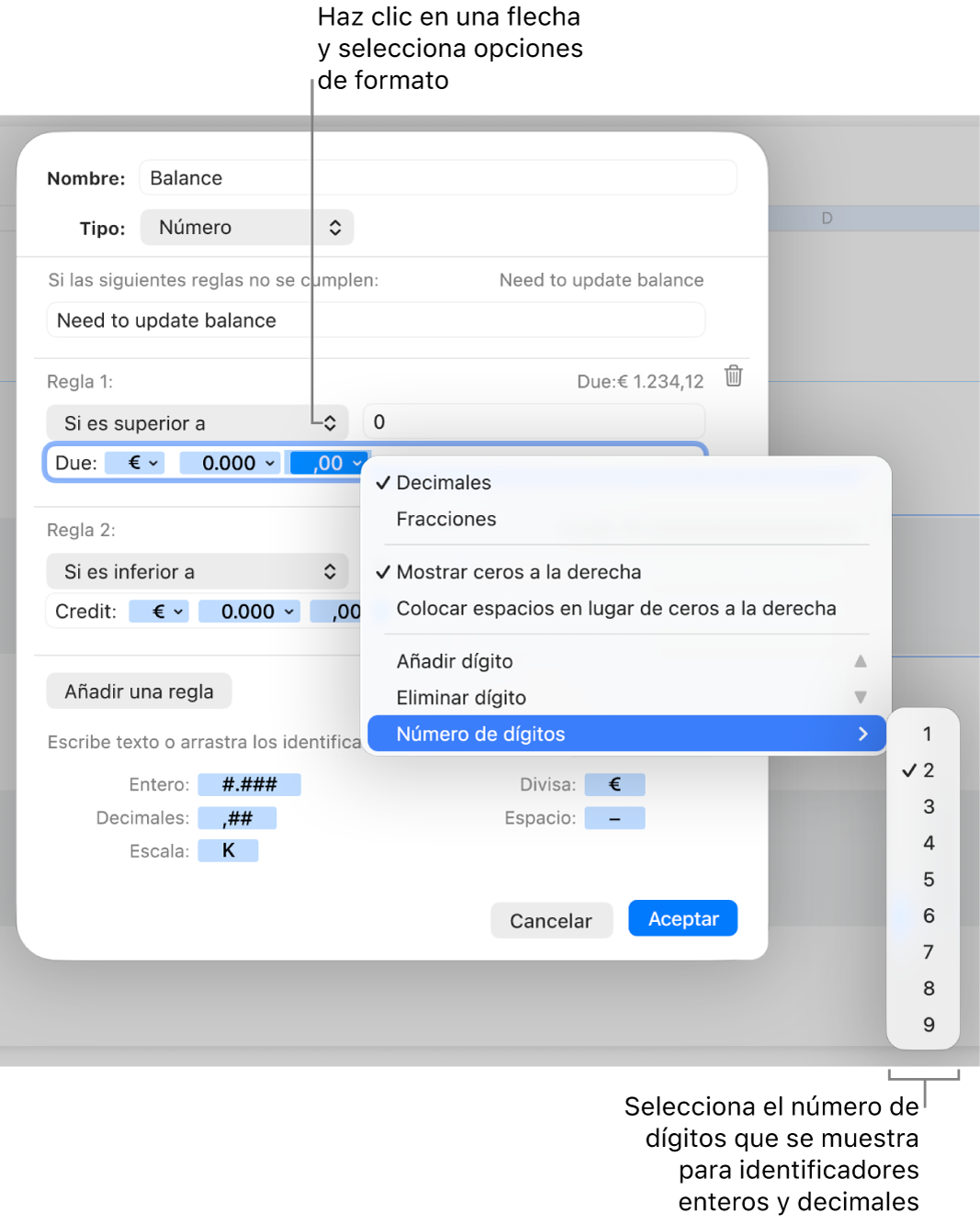 Ventana de formato de celda personalizado con controles para crear un formato numérico personalizado.