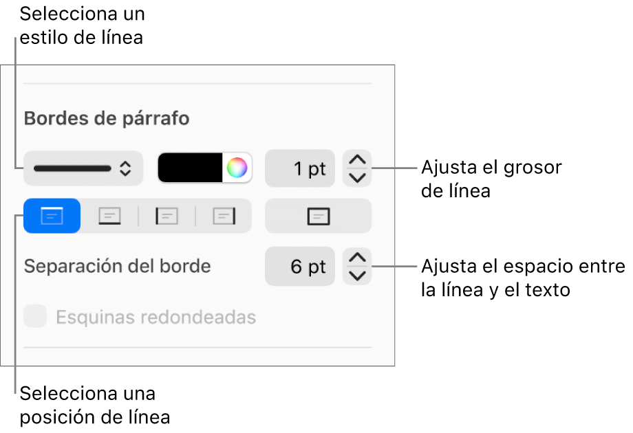 Controles para cambiar el estilo de línea, grosor, posición y color.