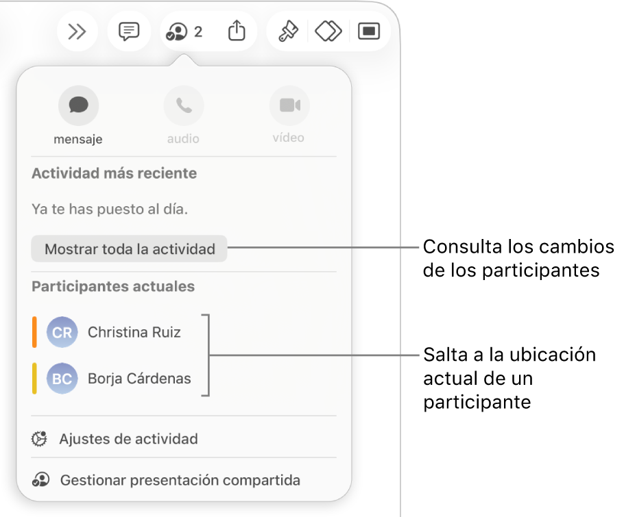 El menú de colaboración con dos participantes actuales.