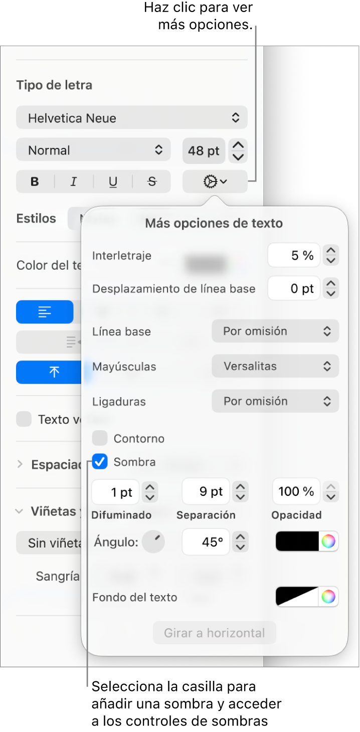El menú “Opciones avanzadas” abierto con la casilla Sombras seleccionada y controles para configurar el desenfoque, la desviación, la opacidad, el ángulo y el color.