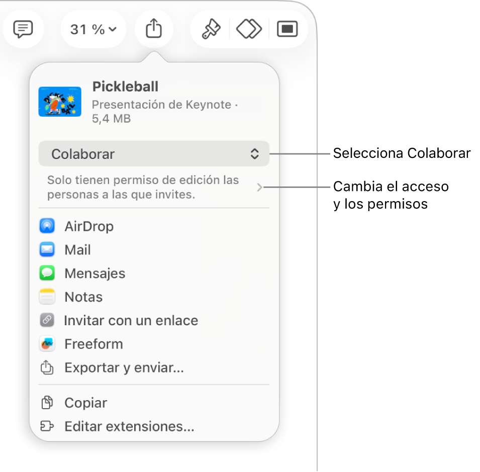 El menú Compartir con la opción Colaborar seleccionada en la parte superior y los ajustes de acceso y permisos debajo.