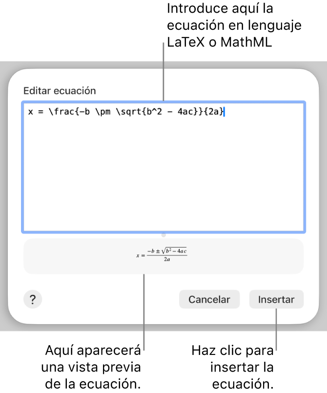 El diálogo “Editar ecuación” con la fórmula cuadrática escrita con LaTeX en el campo “Editar ecuación” y una previsualización de la fórmula a continuación.