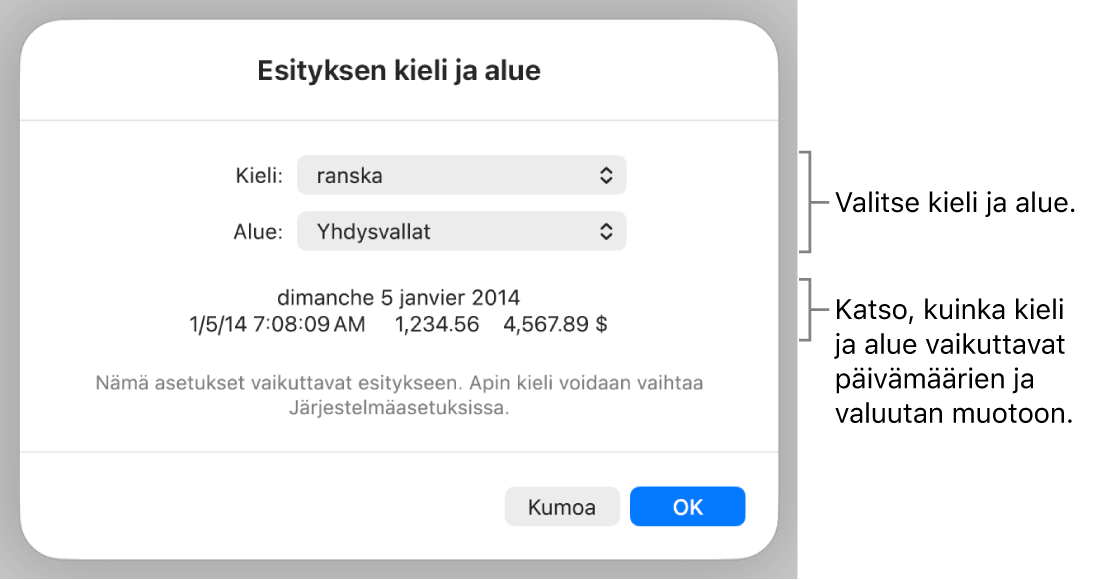 Kieli ja alue -osio, jossa näkyvät kielen ja alueen säätimet sekä muotoesimerkki päivämäärälle, kellonajalle, desimaaliluvulle ja valuutalle.