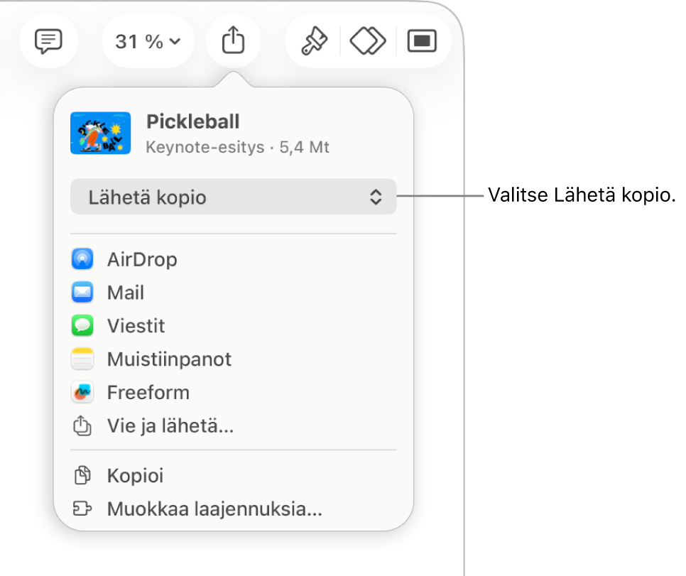 Jaa-valikko, jossa on ylhäällä valittuna Lähetä kopio.